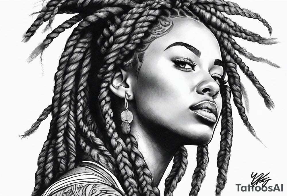 Draw a women head with real dread locks flying in the air, tattoo idea
