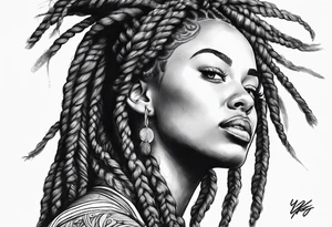 Draw a women head with real dread locks flying in the air, tattoo idea