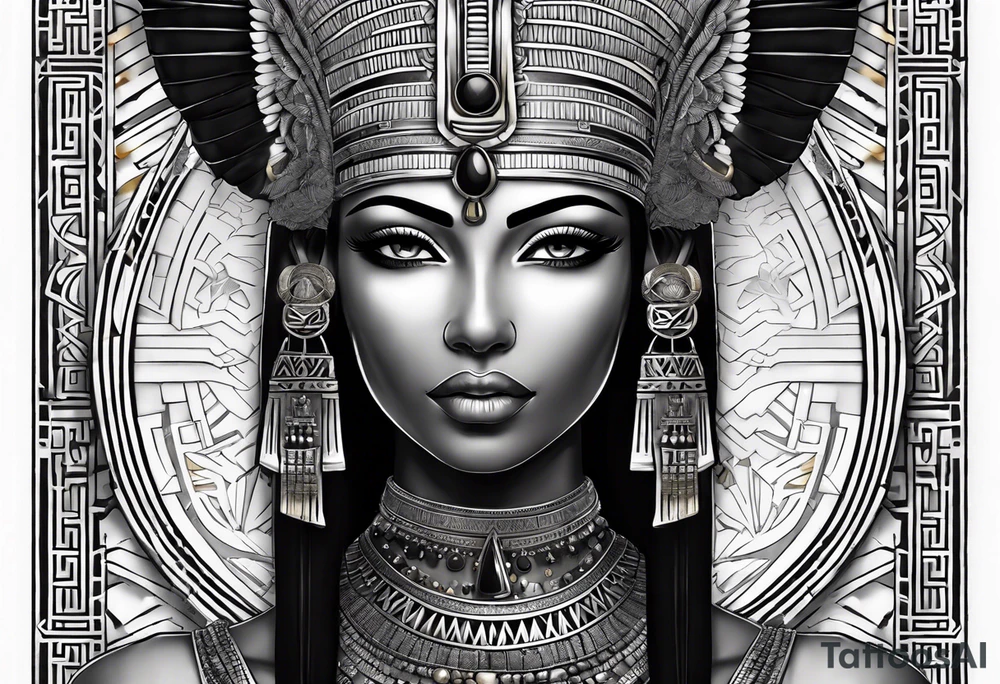 Egyptian figure girl. The figure should be full, featuring a regal headdress and detailed facial markings reminiscent of ancient Egyptian art. Include mystical and symbolic elements such as the Eye of Horus and ankh, blending subtly with geometric background patterns. 
Hyperrealism tattoo idea