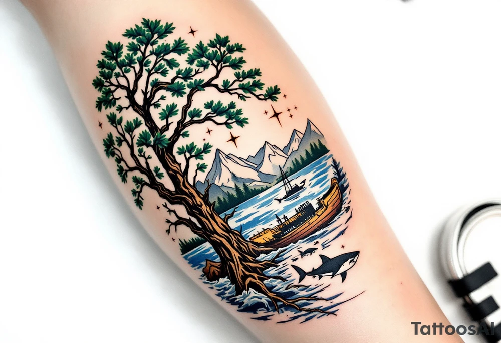 tattoo that has an acacia tree with forest mountains, ocean with a ship wreck with sharks and the bright northern star tattoo idea