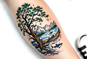 tattoo that has an acacia tree with forest mountains, ocean with a ship wreck with sharks and the bright northern star tattoo idea