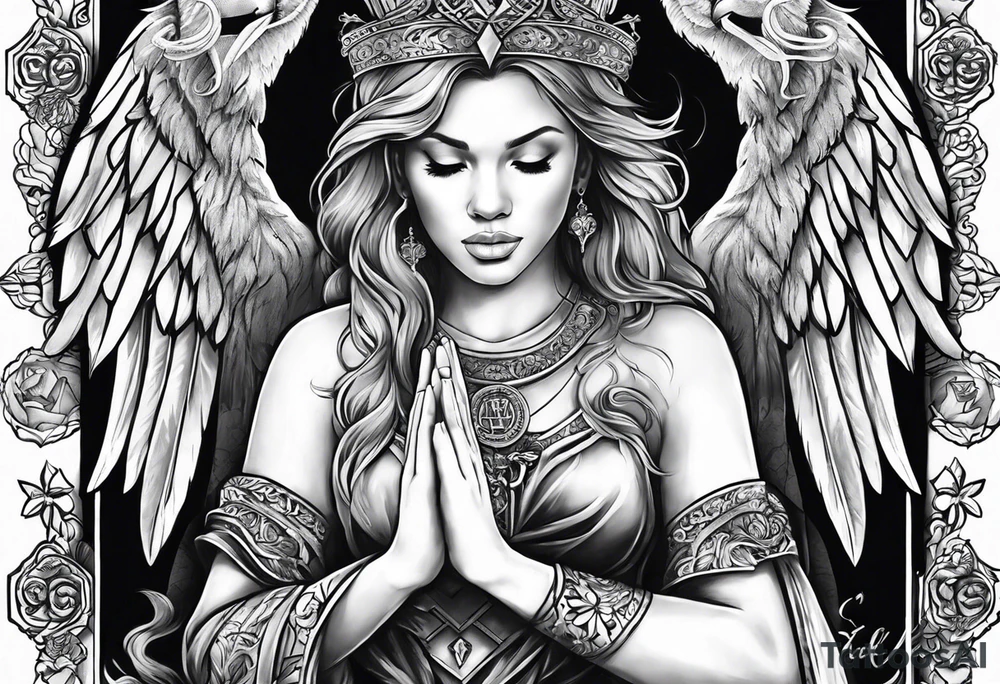 Full sleeve with Lion, cross, praying hands and angels. Incorporate the names Scarlett and Faith in the design tattoo idea