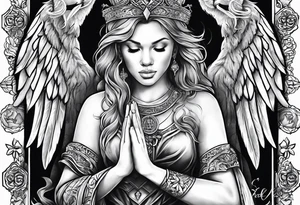 Full sleeve with Lion, cross, praying hands and angels. Incorporate the names Scarlett and Faith in the design tattoo idea