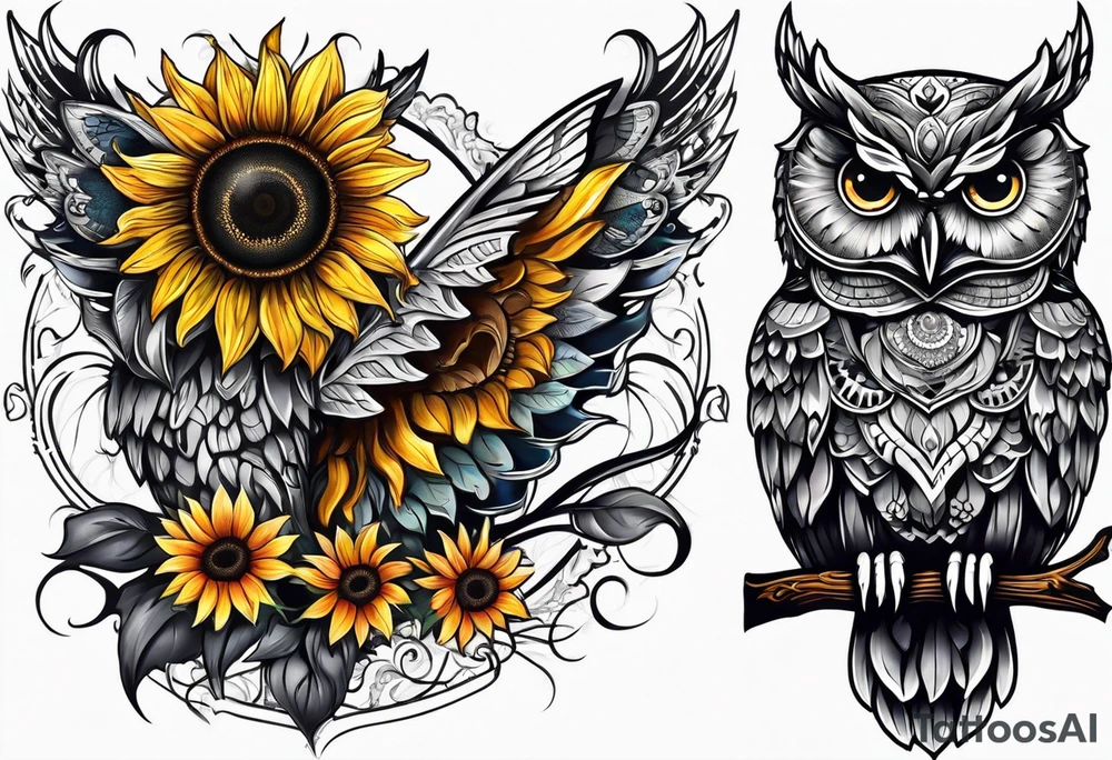 Owl sunflower and butterfly half sleeve tattoo idea