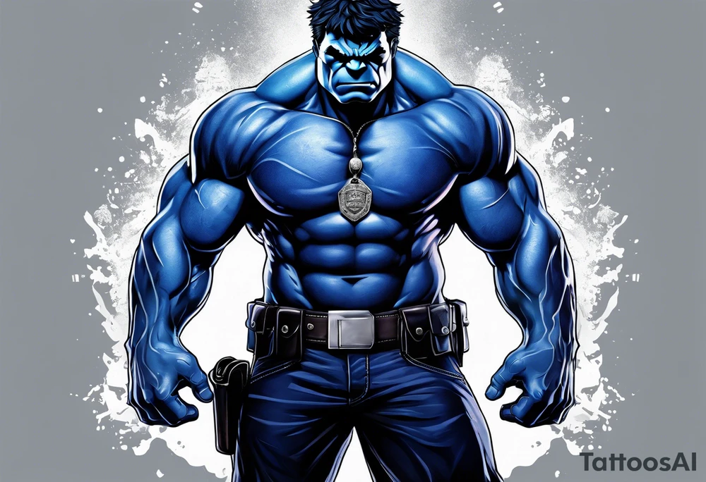 The hulk wearing a dark blue police shirt with a silver badge on the left chest tattoo idea