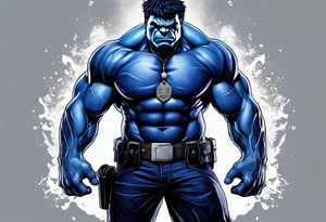 The hulk wearing a dark blue police shirt with a silver badge on the left chest tattoo idea