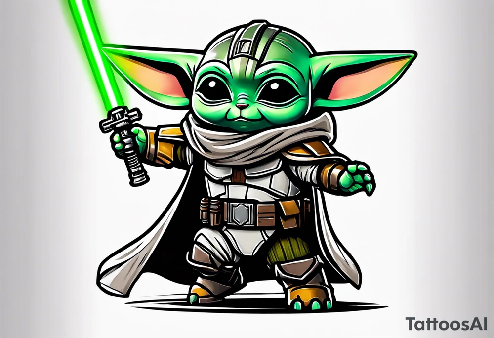 Baby grogu wearing mandalorian armor fighting Darth Vader while wielding a green lightsaber tattoo idea