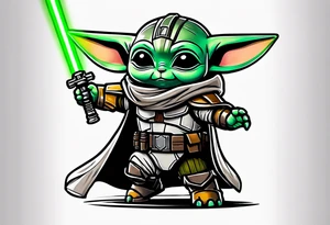 Baby grogu wearing mandalorian armor fighting Darth Vader while wielding a green lightsaber tattoo idea