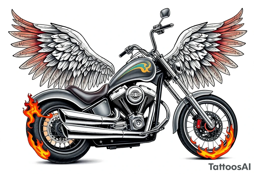 Low rider grey motorcycle, big muffler pipes with flames, angel wings tattoo idea