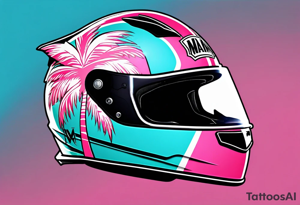 Formula 1 Helment with the Miami logo a palm tree and pink black and light blue colors tattoo idea