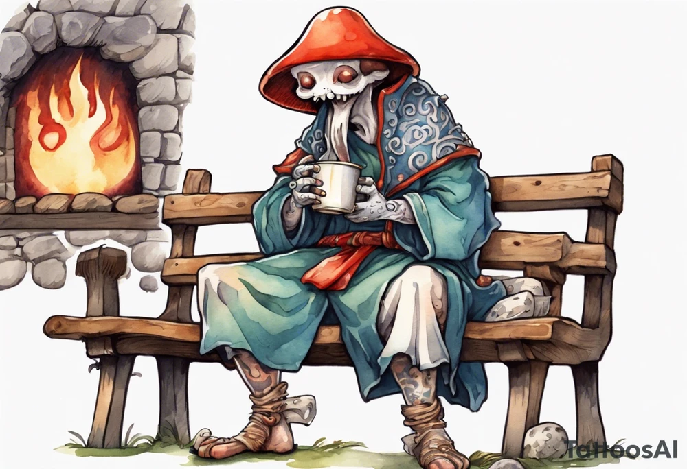 a mushroom-creature wearing a  medieval tunic sitting on a bench by a fireplace drinking from a wood cup, laughing tattoo idea