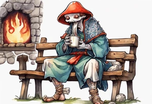 a mushroom-creature wearing a  medieval tunic sitting on a bench by a fireplace drinking from a wood cup, laughing tattoo idea