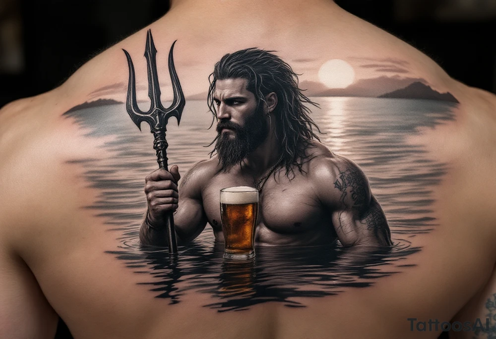 young, fit poseidon in calm water, holding a trident, drinking a beer, with sunset tattoo idea