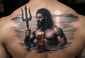 young, fit poseidon in calm water, holding a trident, drinking a beer, with sunset tattoo idea