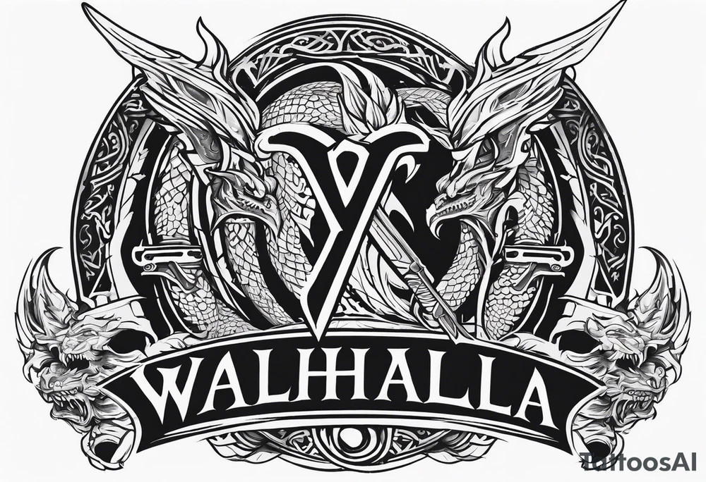 Valhalla sword shield dragon axe tattoo idea