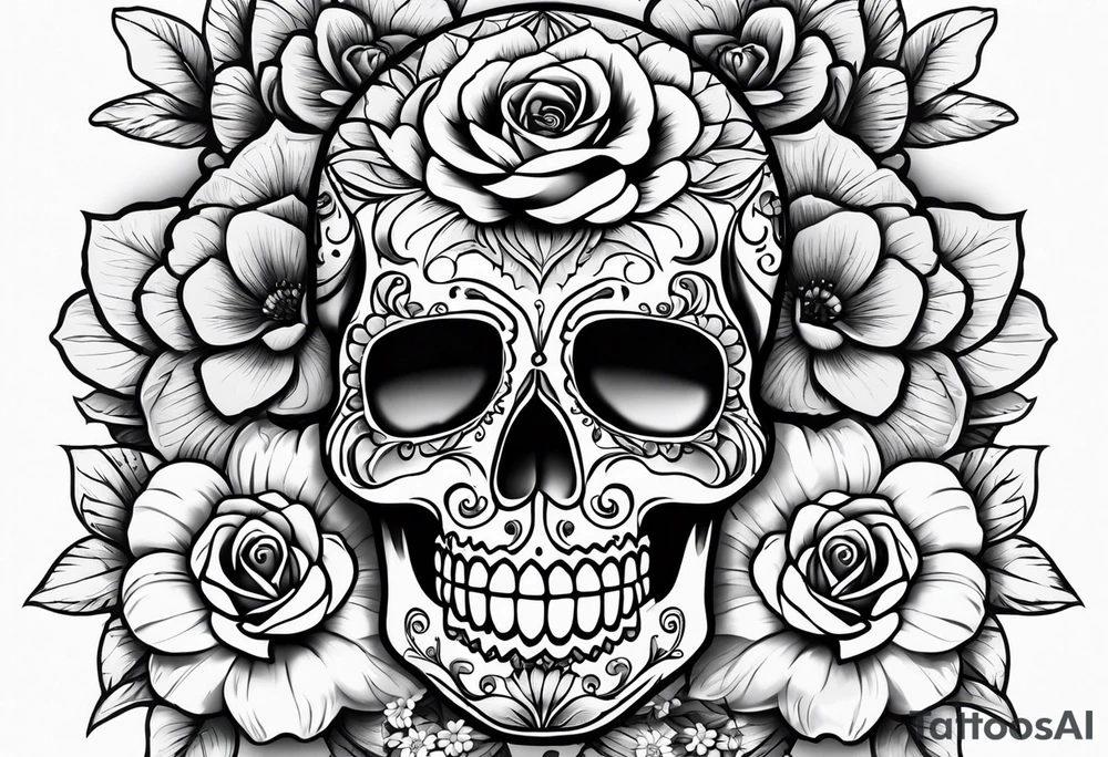 Sugar skull with roses daisies and water lilies for half sleeve down arm tattoo idea