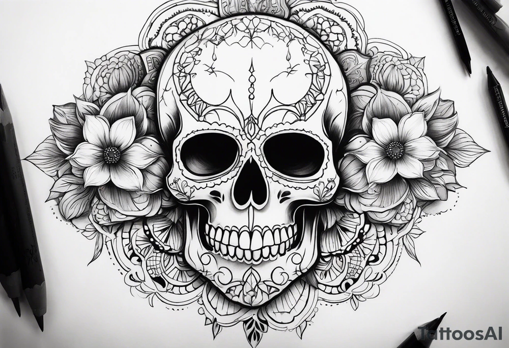 Draw me a realistic skull with black smoke out of his mouth add some flowers underneath with some mandalas at the bottom tattoo idea