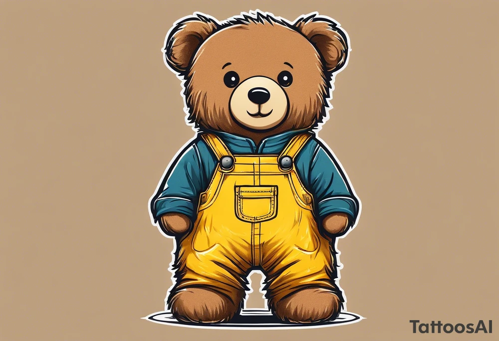 the back of a standing, skinny, brown ,
teddy bear in long, yellow overalls tattoo idea