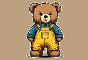 the back of a standing, skinny, brown ,
teddy bear in long, yellow overalls tattoo idea