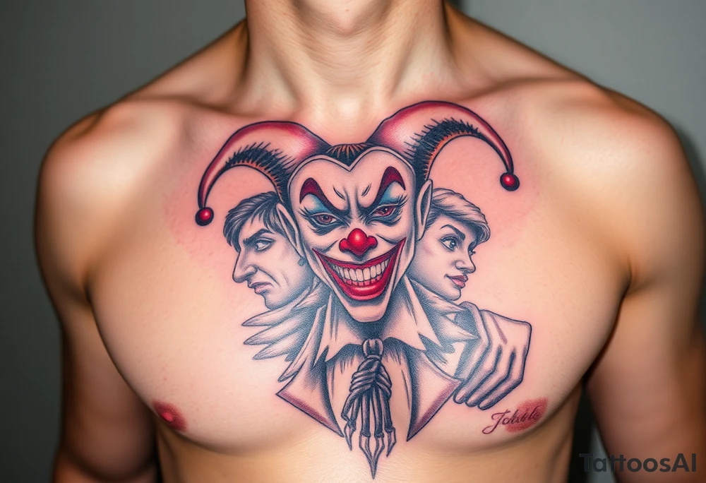 jester collage of emotions tattoo idea