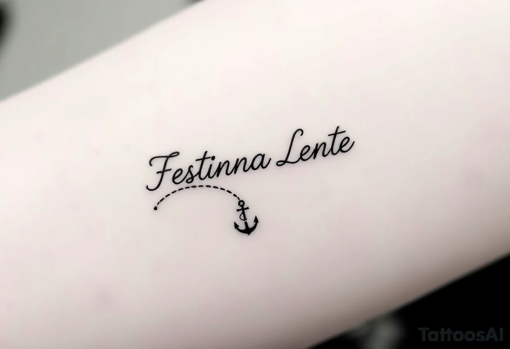 A small, minimal conceptual tattoo for the inner arm.
The phrase “Festina Lente” is not written traditionally; instead, the entire text is formed subtly from a single thin rope.
At the lower end of the rope, a small anchor is attached and appears embedded into the skin, symbolizing patience and stability.
At the opposite end, the rope is being pulled by a very small, minimal, symbolic devil silhouette representing haste.
The rope naturally twists and curves to form the letters of “Festina Lente”, so that at first glance it looks like an abstract rope composition, but upon closer inspection the text becomes readable.
Highly refined, modern calligraphic flow created by the rope itself, elegant and understated.
Black ink only, ultra-fine line work, minimal shading, strong use of negative space, contemporary 2026 tattoo style.
No traditional tattoo elements, no bold outlines, no old-school style, no decorative ornaments.
Clean, intelligent, subtle storytelling tattoo suitable for a small inner-arm placement. tattoo idea