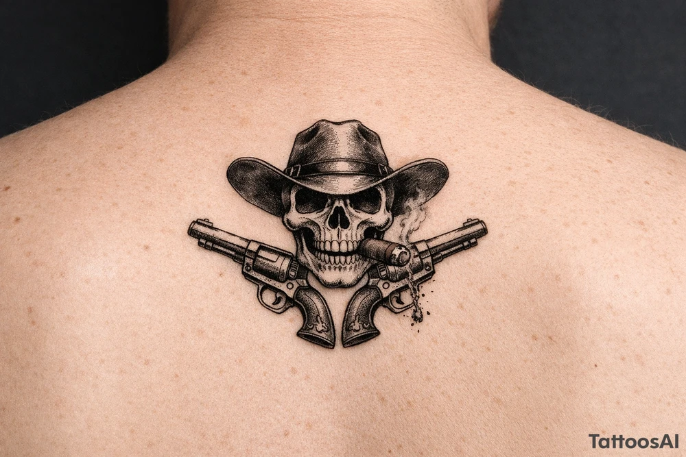 A skull with a wide-brimmed cowboy hat, two vintage pistols pointing outward, ash falling from a cigar. tattoo idea