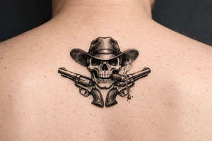 A skull with a wide-brimmed cowboy hat, two vintage pistols pointing outward, ash falling from a cigar. tattoo idea