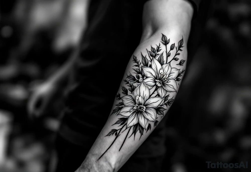 starting from a band mid-forearm, a sleeve of holly flowers and daffodils tattoo idea
