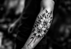 starting from a band mid-forearm, a sleeve of holly flowers and daffodils tattoo idea
