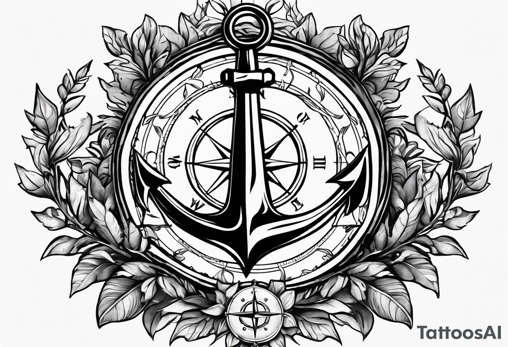 A selucid style anchor in front of a compass and a narrow laurel wreathe wrapped around the compass tattoo idea