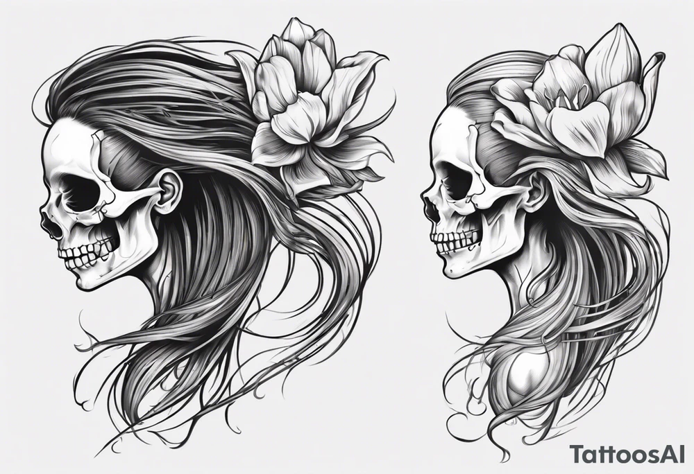 sideview of smiling female skull with long hair, one decayed tulip, one perfect tulip and one tulip bud tattoo idea sideview of smiling female skull with long hair, one decayed tulip, one perfect tulip and one tulip bud tattoo idea