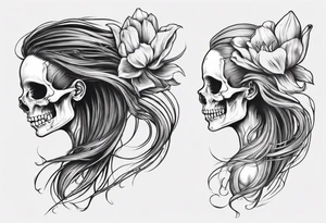 sideview of smiling female skull with long hair, one decayed tulip, one perfect tulip and one tulip bud tattoo idea