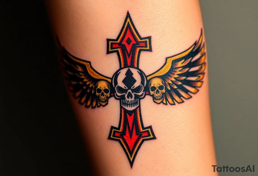 A gothic-style Metallica cross, adorned with sharp edges and dark winged skulls, glowing with fiery gold and dark blood-red shades tattoo idea