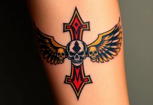 A gothic-style Metallica cross, adorned with sharp edges and dark winged skulls, glowing with fiery gold and dark blood-red shades tattoo idea