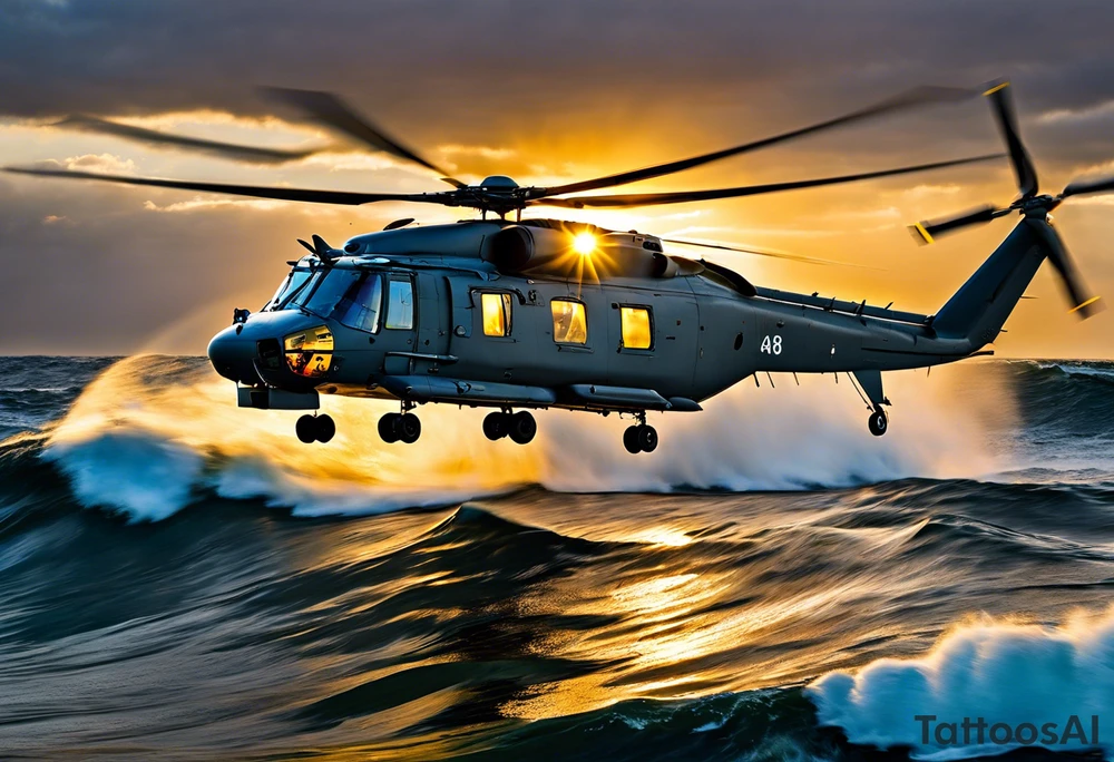 Canadian military grey CH-148 Cyclone helicopter soaring low over rough, ocean waves. The sun is setting, casting a dramatic glow on the scene with realistic clouds and a specular reflection of the helicopter on the water. The helicopter should be the main focus, with intricate details and a sense of motion. In the background, a poppy be prominently displayed tattoo idea