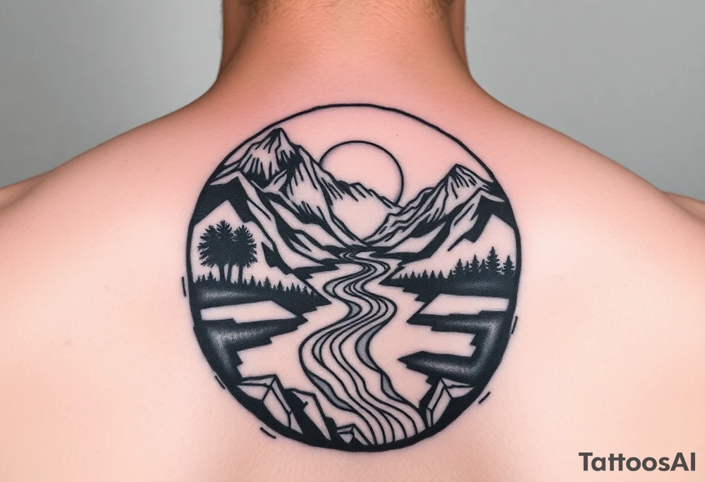 mountains. river and sunrise, let it all be inside one circle. draw a line and divide the circle into two parts, let one part be like day and the other part like night tattoo idea