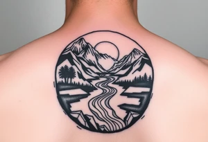 mountains. river and sunrise, let it all be inside one circle. draw a line and divide the circle into two parts, let one part be like day and the other part like night tattoo idea