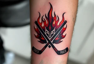 A bold black-and-burgundy Sparta Praha logo with red flames surrounding it and crossed hockey sticks beneath. tattoo idea