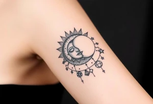 celestial sun and moon embrace with constellation patterns tattoo idea