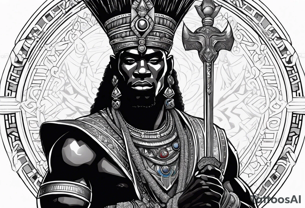 An african god, a warrior, that uses a sword and a silver crown. He also uses blue and red necklaces tattoo idea