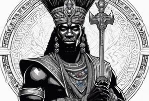 An african god, a warrior, that uses a sword and a silver crown. He also uses blue and red necklaces tattoo idea