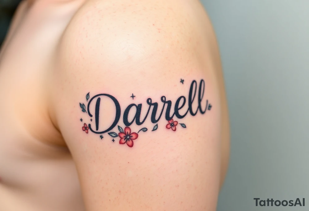 "Darrell" in 1 in cute font, inner forarm starting near elbow and going toward wrist, whimsical, bright colors, surrounded with hearts, flowers and fairies tattoo idea