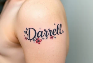 "Darrell" in 1 in cute font, inner forarm starting near elbow and going toward wrist, whimsical, bright colors, surrounded with hearts, flowers and fairies tattoo idea