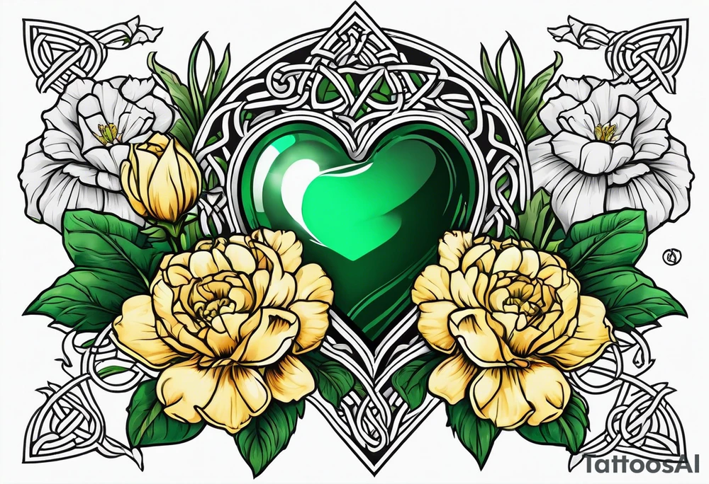 Irish Celtic with an Emrald green gem in the middle of the heart with a bundle of carnations, leaves, and narcissus coming out of the hands. tattoo idea