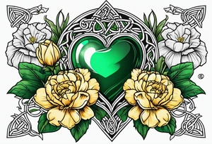 Irish Celtic with an Emrald green gem in the middle of the heart with a bundle of carnations, leaves, and narcissus coming out of the hands. tattoo idea