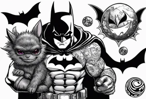 Batman holding three pokeballs, gengar standing near Batman, noibat behind Batman and pikachu holding a Batarang tattoo idea