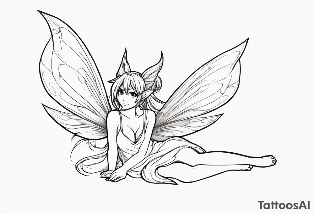 No color sketch of a fairy with a tail inspired by the guild symbol in the anime show called Fairy Tail in a fetal position leaning forward while crawled in hugging herself with hands a bit forward and her body is an angle while floating in the air tattoo idea