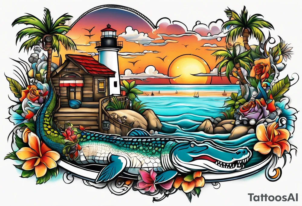 Tattoo representing the state of Florida with the beach, gators and some mechanic attributes tattoo idea