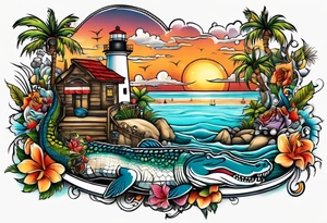 Tattoo representing the state of Florida with the beach, gators and some mechanic attributes tattoo idea