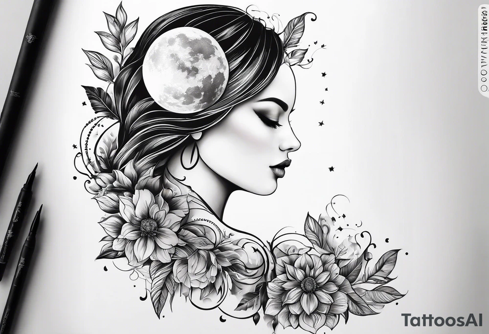 Tattoo on Woman’s Spine fine line, flowermoon, balance, eternity, perfection, love, patience, rising out of suffering tattoo idea